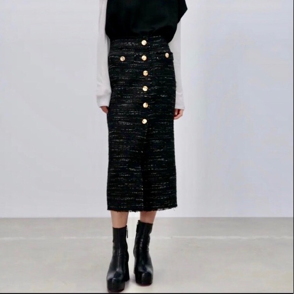 Zara Dresses & Skirts - Zara Textured Boucle BUTTONED PENCIL MIDI Black Skirt sz.S